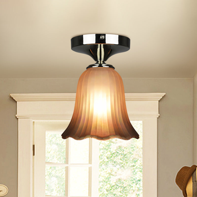 Traditional Tan Glass Flower Flushmount Foyer Lighting Fixture - 1 Bulb Flush Mount