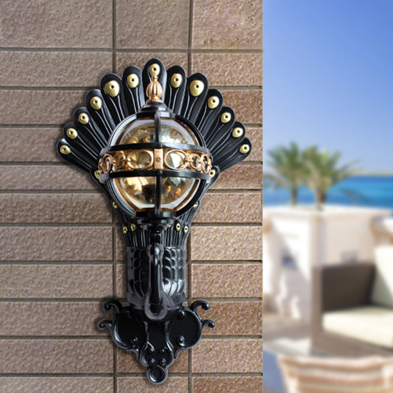 Peacock Backplate Amber Glass Wall Light In Black - Outdoor Ball Lighting With 1 Bulb
