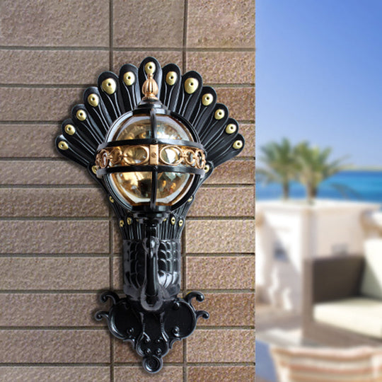 Peacock Backplate Amber Glass Wall Light In Black - Outdoor Ball Lighting With 1 Bulb