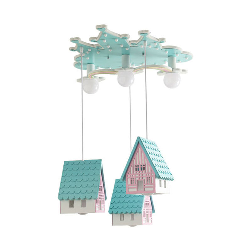 Kids’ Cartoon Flushmount Lighting: Blue Semi Flush Mount Wooden 3 - Bulb Fixture For Bedroom