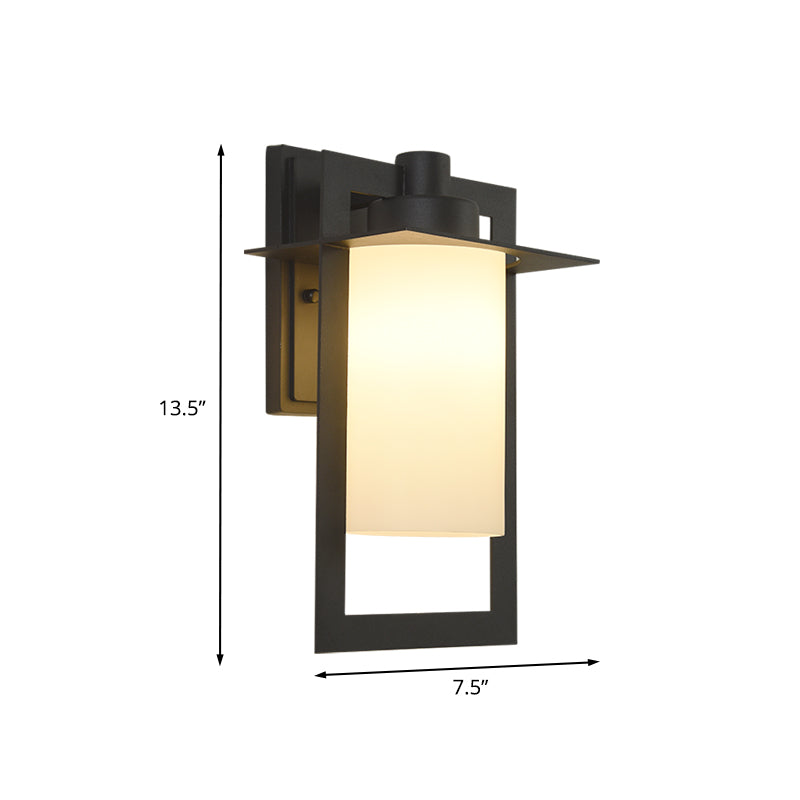 Single Bulb White Glass Wall Sconce In Black With Countryside Cylinder Design