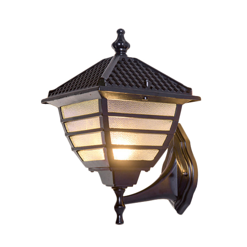 Rustic Black Lantern Wall Sconce With Frosted Glass - Single Bulb Mounted Lamp
