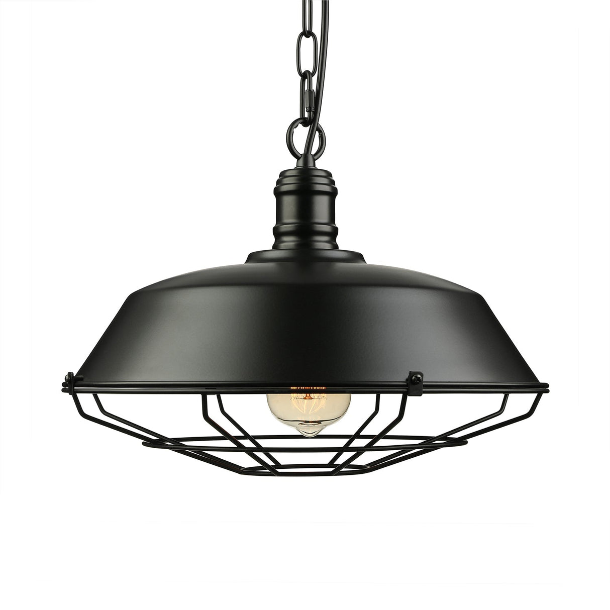 Industrial Wire Cage Pendant Light With Barn Shade - Black