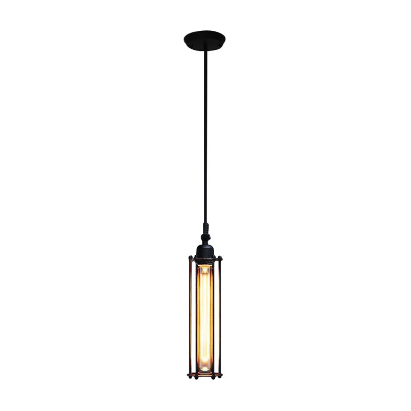Industrial Hanging Pendant Light With Metal Wire Guard And Tube Shade In Black - Bedroom Lighting