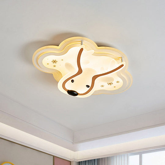 Kids Led Flush Ceiling Light - Deer Patterned Cloud Acrylic Bedroom Lamp In White