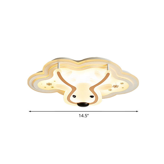 Kids Led Flush Ceiling Light - Deer Patterned Cloud Acrylic Bedroom Lamp In White