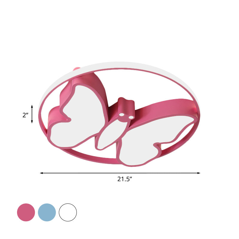 Kids Acrylic Led Butterfly Flush Mount Light With Glow Hoop In White/Pink/Blue