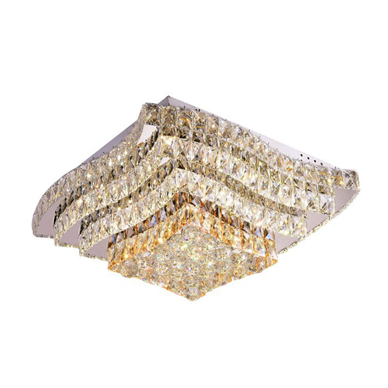 Simplicity Crystal Flush Mount Ceiling Lamp In Chrome - Tiered Square Design
