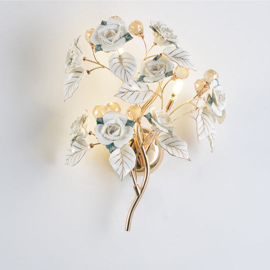 Modern Faceted Crystal Flower Sconce - Wall Mounted Bedroom Light Fixture With 3 Bulbs