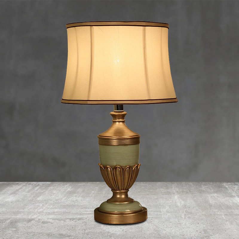 Vintage Drum Desk Lamp With Fabric Night Table Lighting - 1 Head Black/Brown/Green Pot Base