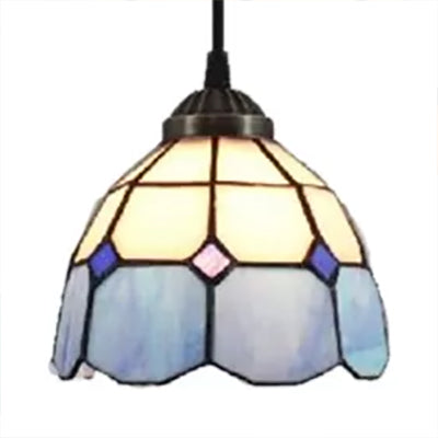 Tiffany-Style Flower Handcrafted Stained Glass Pendant Light In Yellow/Light Blue/Dark Blue