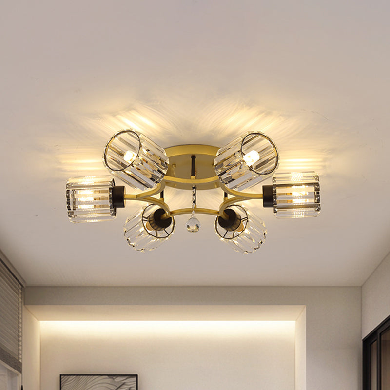Contemporary K9 Crystal Gold Flushmount Light Fixture - Cylindrical Design 3/6 Heads