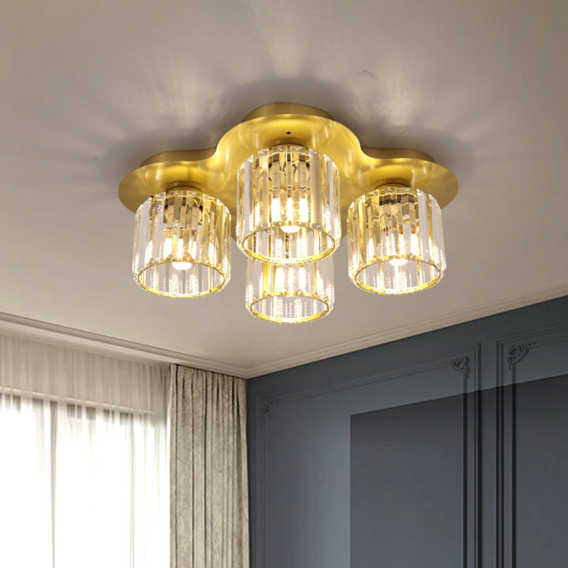 4-Head Crystal Block Flush Ceiling Light Fixture In Black/Gold - Simple Cylinder Design Gold