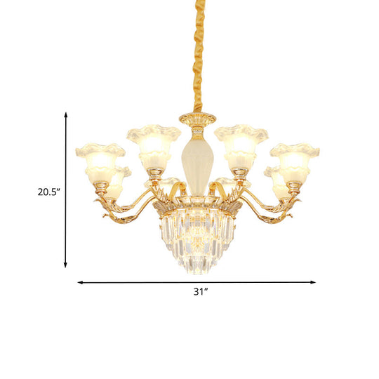 Modern Gold Crystal Chandelier With Frosted Glass - Blossom Pendant Lamp (8 Bulbs)