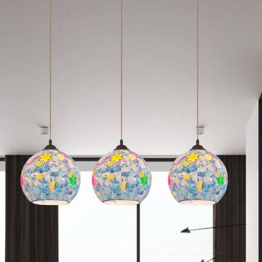 Tiffany Glass 3-Bulb Pendant Lamp With Light Blue Multi Leaf-Pattern Globe - Baroque Ceiling