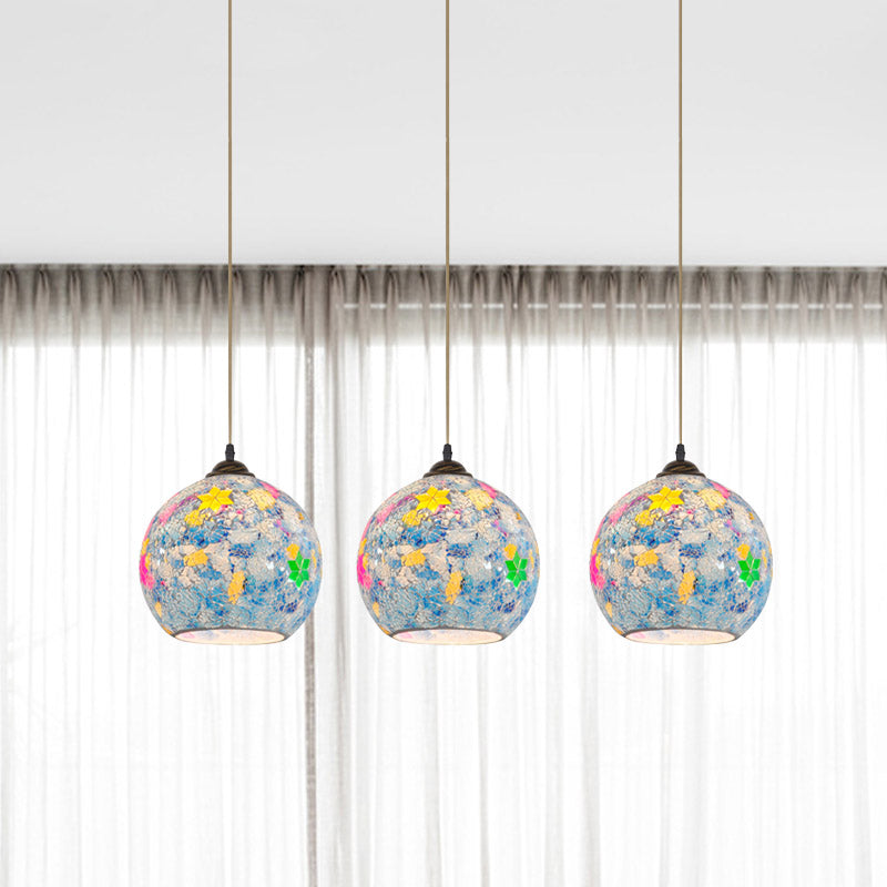 Tiffany Glass 3-Bulb Pendant Lamp With Light Blue Multi Leaf-Pattern Globe - Baroque Ceiling