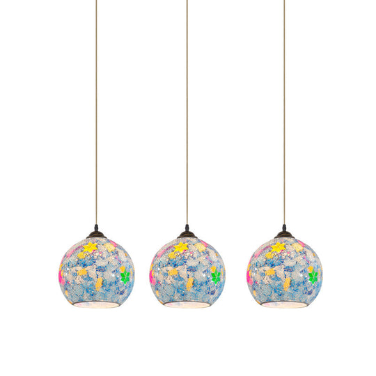 Tiffany Glass 3-Bulb Pendant Lamp With Light Blue Multi Leaf-Pattern Globe - Baroque Ceiling