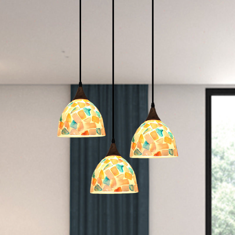 Mosaic Tile Shell Drop Tiffany-Style Pendant Lamp With Bell Shape Bronze Finish - 3 Bulbs