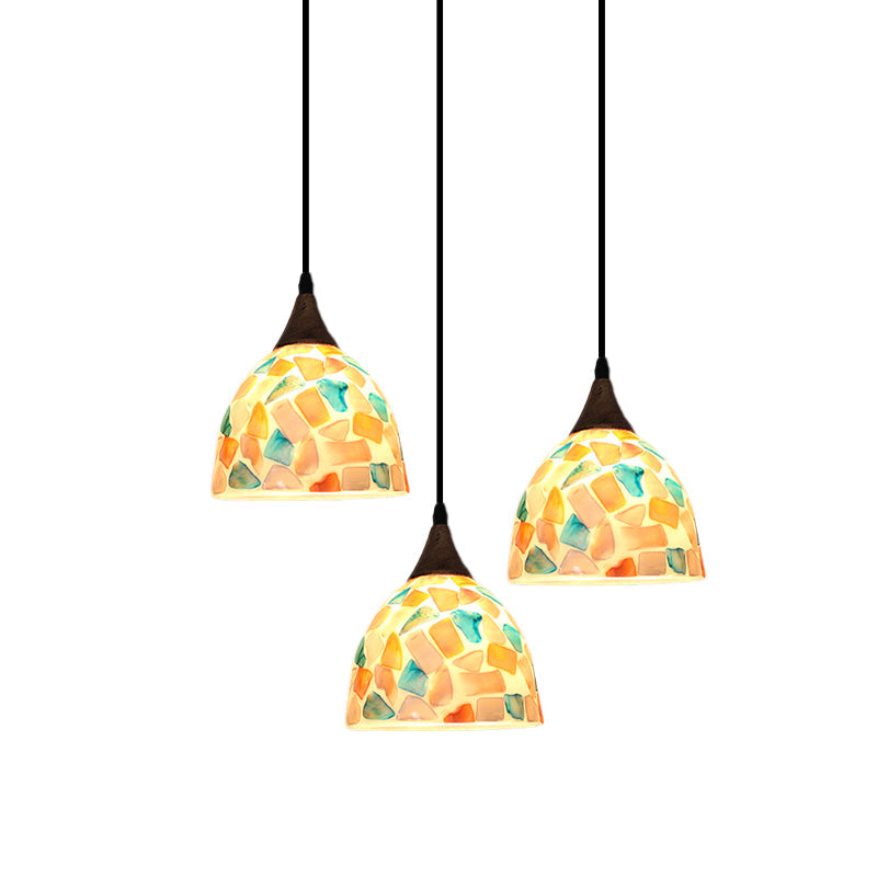 Mosaic Tile Shell Drop Tiffany-Style Pendant Lamp With Bell Shape Bronze Finish - 3 Bulbs