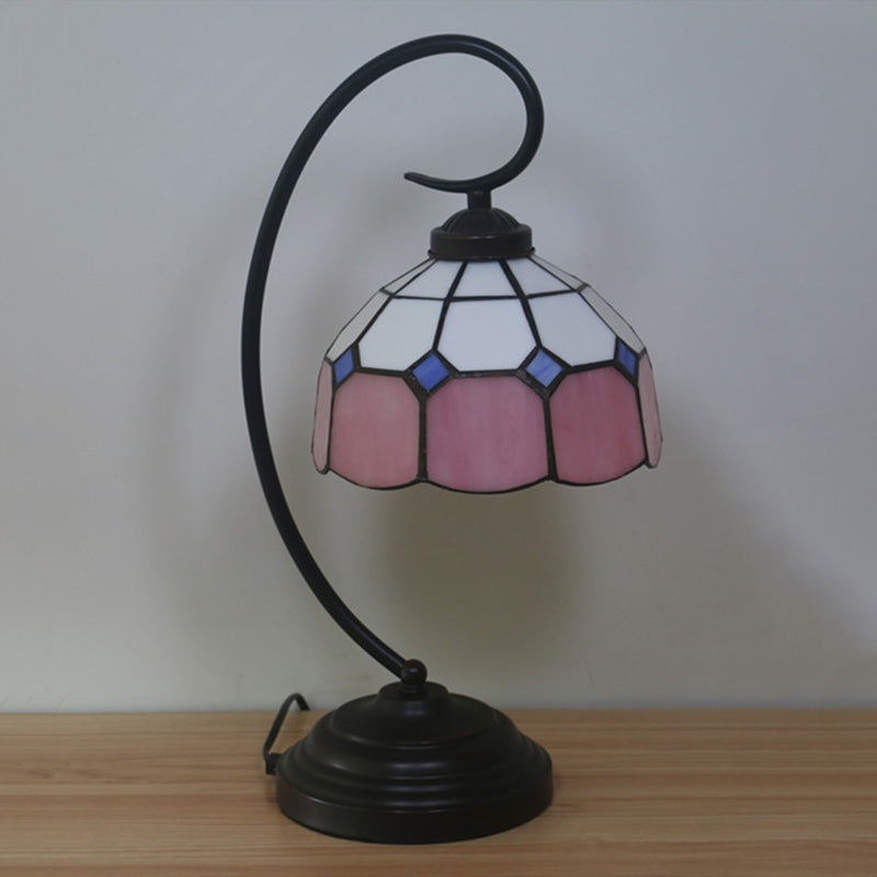 Tiffany Hand Cut Glass Red/Pink Grid Patterned Nightstand Lamp With Domed Shape And Curved Arm