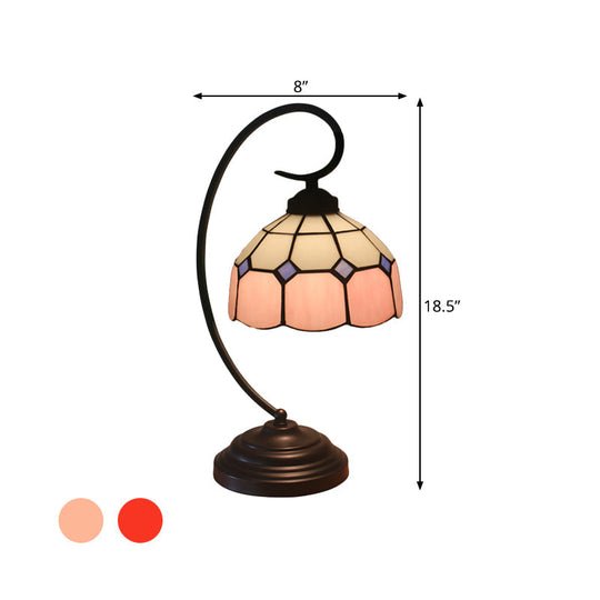 Tiffany Hand Cut Glass Red/Pink Grid Patterned Nightstand Lamp With Domed Shape And Curved Arm