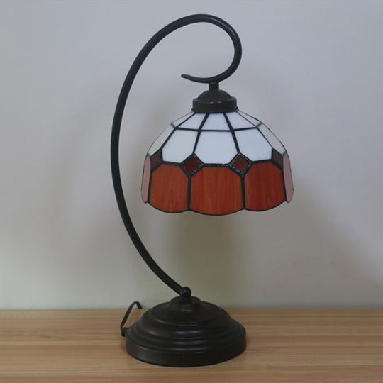 Tiffany Hand Cut Glass Red/Pink Grid Patterned Nightstand Lamp With Domed Shape And Curved Arm