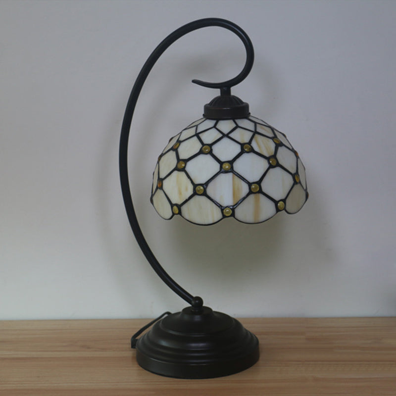 Bronze Tiffany Night Table Lamp With Beaded Patterned Shade - Swirl Arm Beige/White Glass