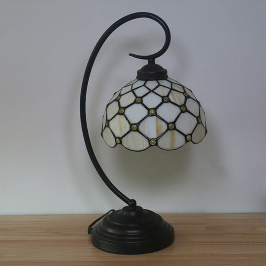 Bronze Tiffany Night Table Lamp With Beaded Patterned Shade - Swirl Arm Beige/White Glass