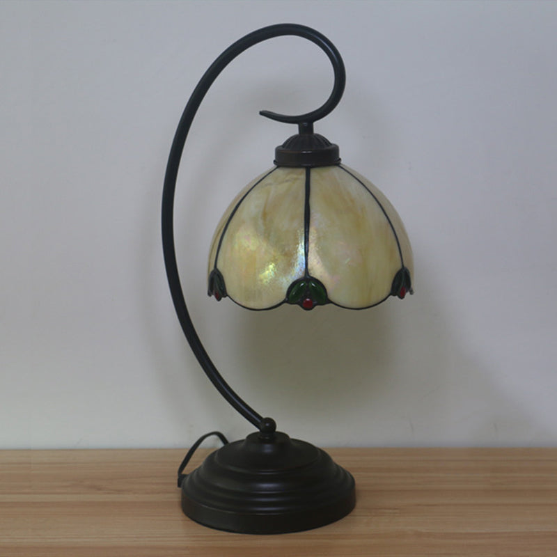 Mediterranean Style 1-Light Nightstand Lamp With Beaded Pattern & Flower Glass Shade In White/Red