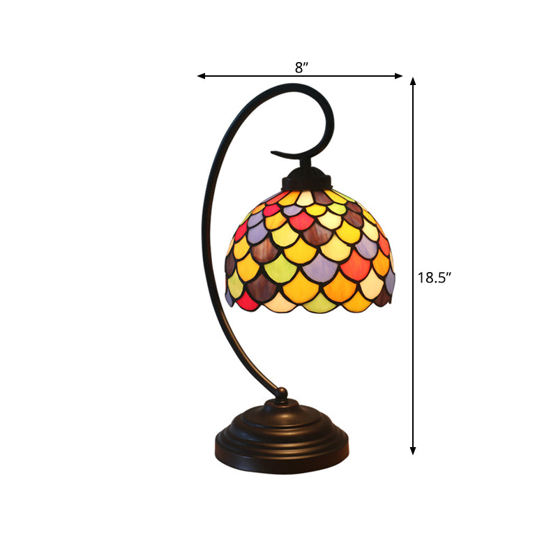Victorian Fishscale Patterned Domed Task Lamp 1 Light Stained Glass Nightstand Lighting In Dark