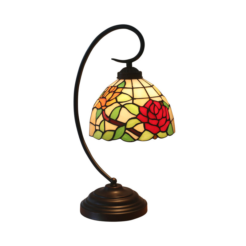 Curvy Bronze Baroque Night Light With Floral Patterned Glass Shade