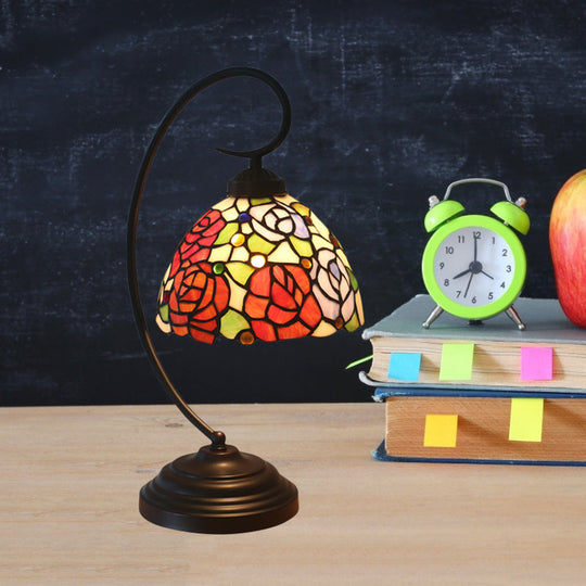 Hand Cut Glass Victorian Dome Shade Table Light With Rose Pattern - 1 Red/Orange Nightstand Lighting