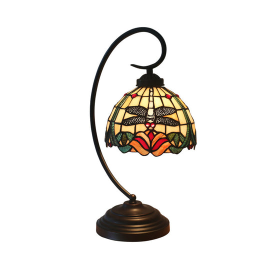 Tiffany Style Dragonfly Patterned Desk Lamp With Stained Glass Dome Shade