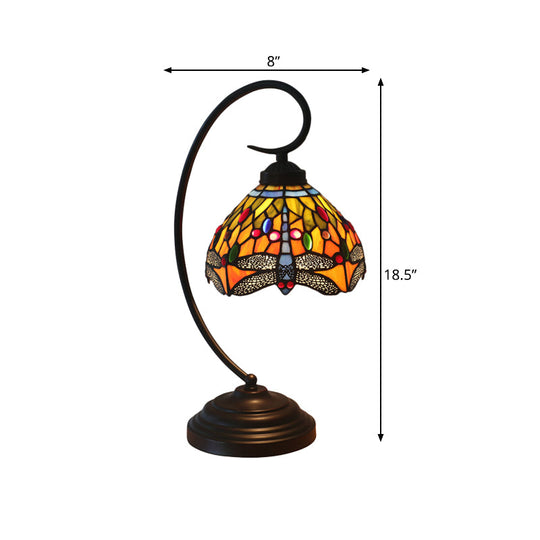 Dragonfly Cut Glass Victorian Desk Lamp - 1 Light Orange/Green Night With Curved Arm For Bedroom