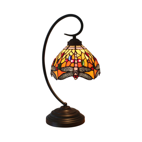 Dragonfly Cut Glass Victorian Desk Lamp - 1 Light Orange/Green Night With Curved Arm For Bedroom