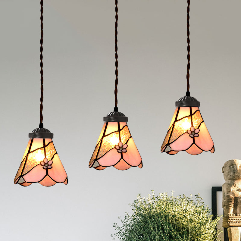 Baroque Style Pink Stained Glass Pendant Light Kit For Dining Room With 3 Bulbs / Flower