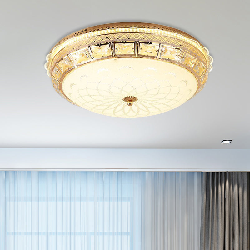 Modern Gold Flush Led Ceiling Light With Crystal Accents Dome White Glass Shade - Ideal For Bedroom