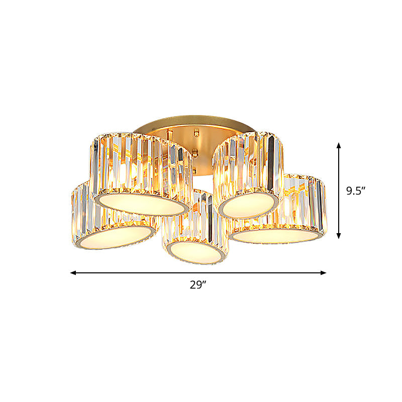 Gold Carved Crystal Semi-Flush Ceiling Lamp With Oval/Teardrop Design And 5 Lights