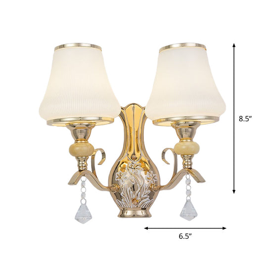Nordic 2-Light Wall Sconce In Gold With Ribbed Glass Bell Shade: Elegant Living Room Lighting