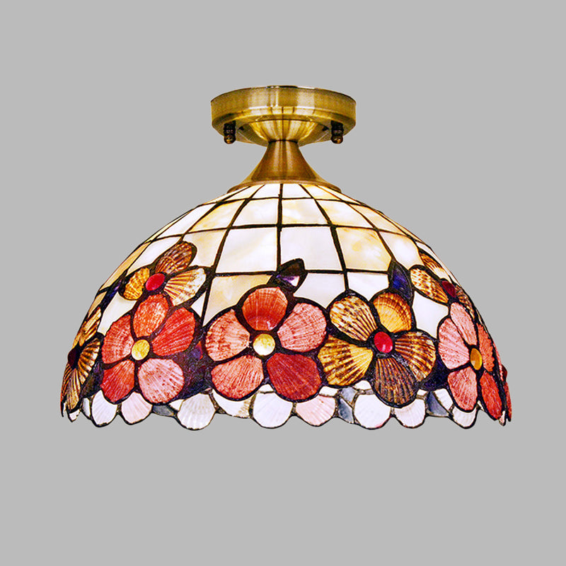 Brass Flushmount Tiffany Flower-Edge Shell Ceiling Light - 1-Light Bowl Fixture
