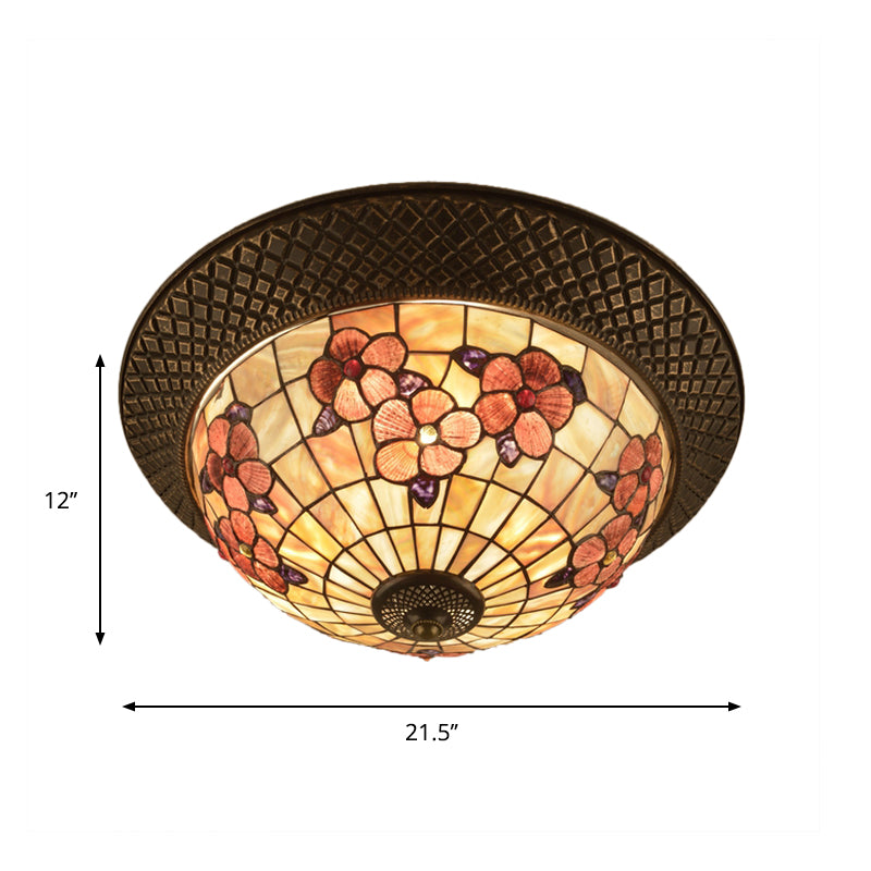 Bronze Cap Flush Mount Light With Tiffany Led Shell And Trellis Pattern