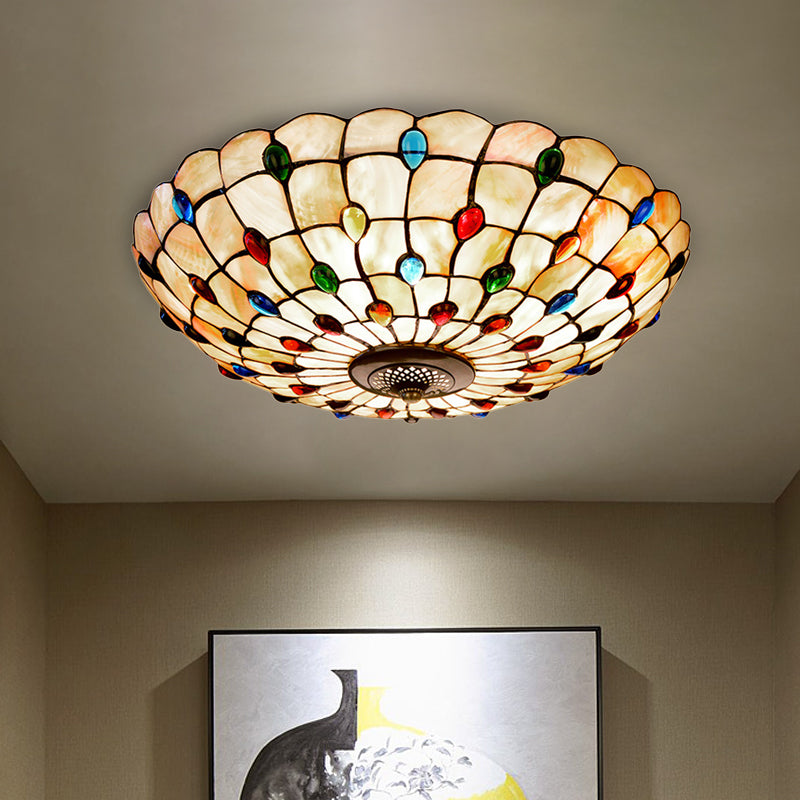 Tiffany Beige Shell Flush Mount Ceiling Light - 3/4-Light Cabochons-Embellished Ideal For Living