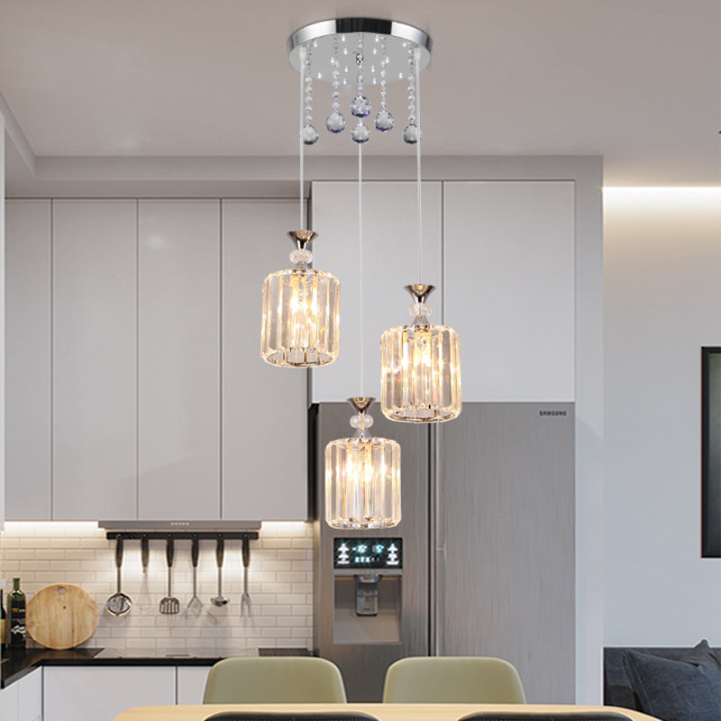 Minimalist Chrome Finish Ceiling Fixture With Clear Crystal Prisms - 3 Head Cylinder Multi-Pendant