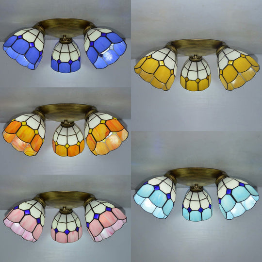 Tiffany Dome Stained Glass Ceiling Fixture With 3 Lights - Flush Mount Light In Colorful Hues