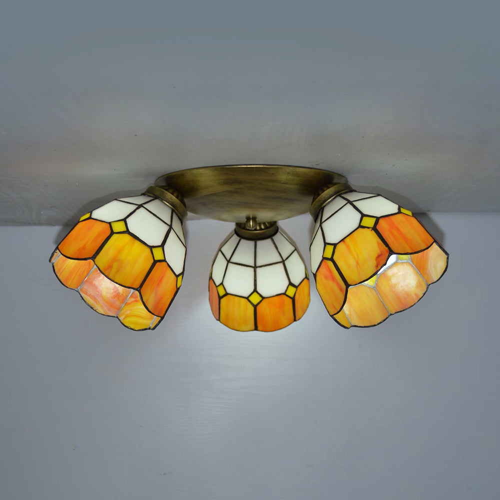 Tiffany Dome Stained Glass Ceiling Fixture With 3 Lights - Flush Mount Light In Colorful Hues