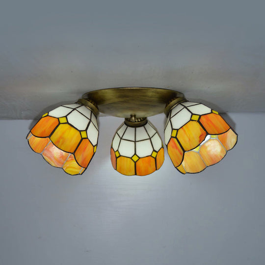 Tiffany Dome Stained Glass Ceiling Light - 3 Lights Flush Mount In Pink/Yellow/Orange/Sky Blue/Dark