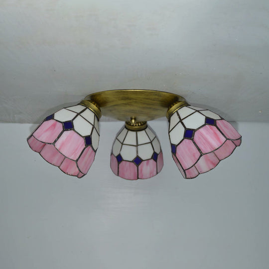 Tiffany Dome Stained Glass Ceiling Fixture With 3 Lights - Flush Mount Light In Colorful Hues