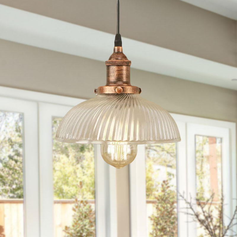 1-Light Ribbed Glass Dome Pendant Ceiling Light For Industrial & Rustic Settings.