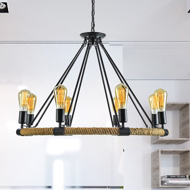 Rustic Rope Ring Chandelier - Lodge Style Pendant Light With Adjustable Chain 6/8 Heads Black