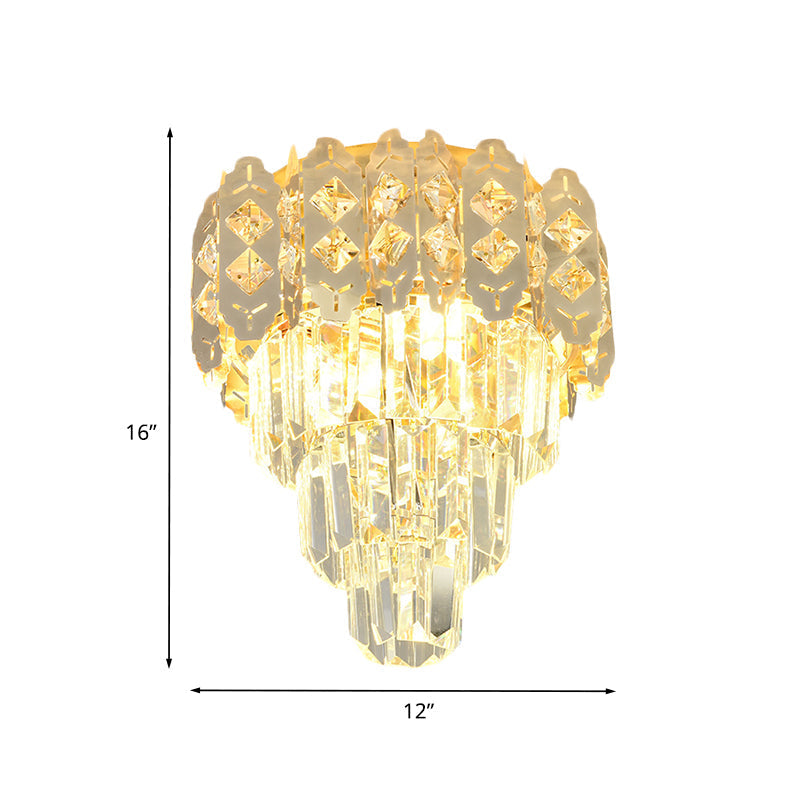 Modern Gold Crystal Prism Semi-Mount Ceiling Fixture With Layered Tapered Design